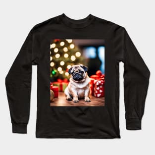 Tiny Pug Dog with Christmas Gifts Long Sleeve T-Shirt